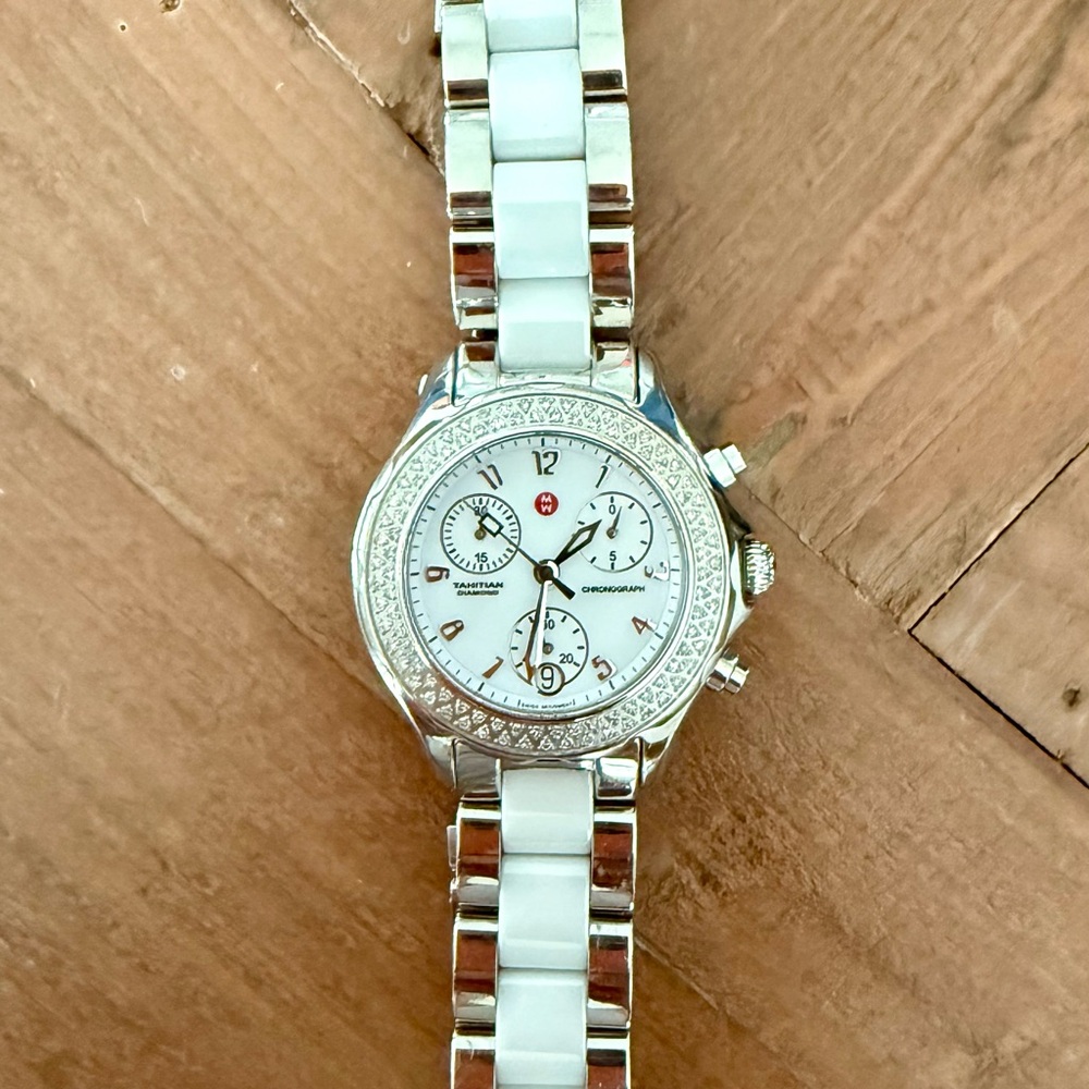 Michele White Ceramic and Silver Diamond-Accent Chronograph Watch - Picture 3 of 5